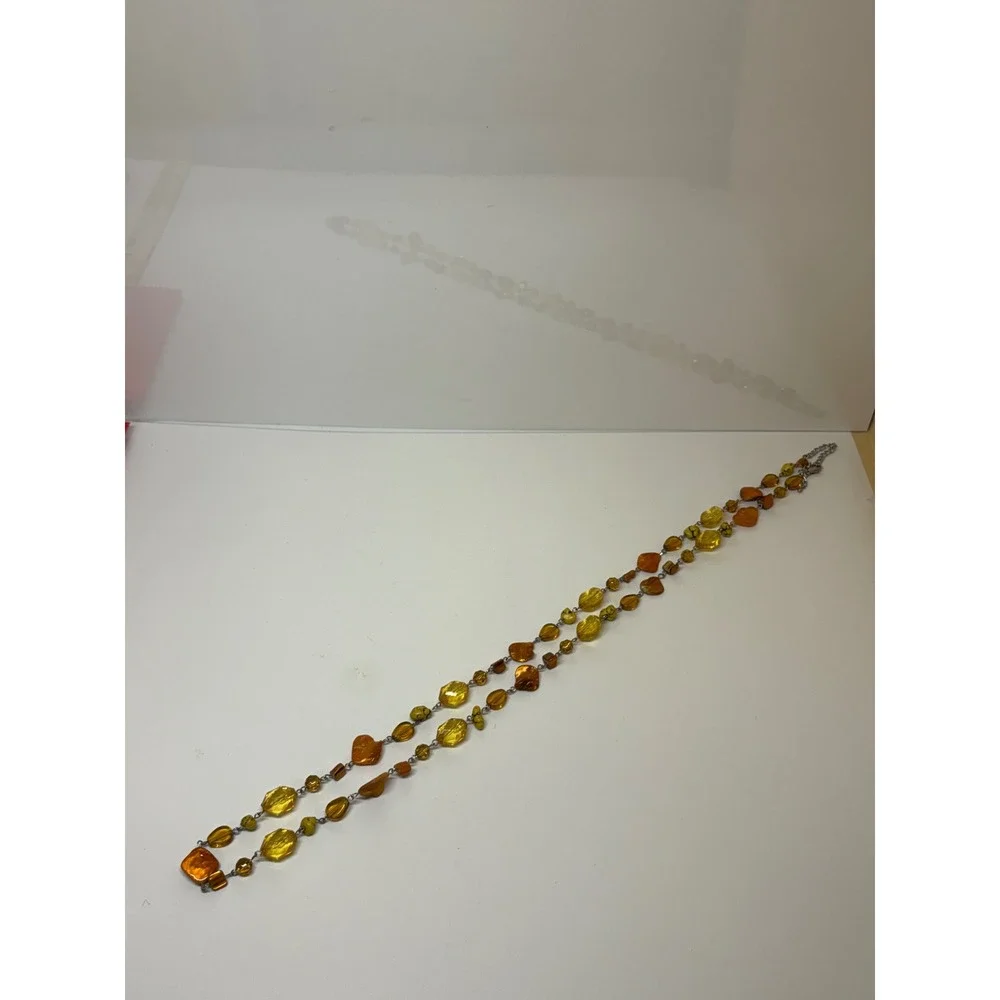 Long Amber Yellow Multi Shape Bead Station Necklace Silver Tone Adjustable